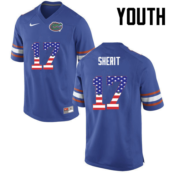 Youth Florida Gators #17 Jordan Sherit College Football USA Flag Fashion Jerseys-Blue